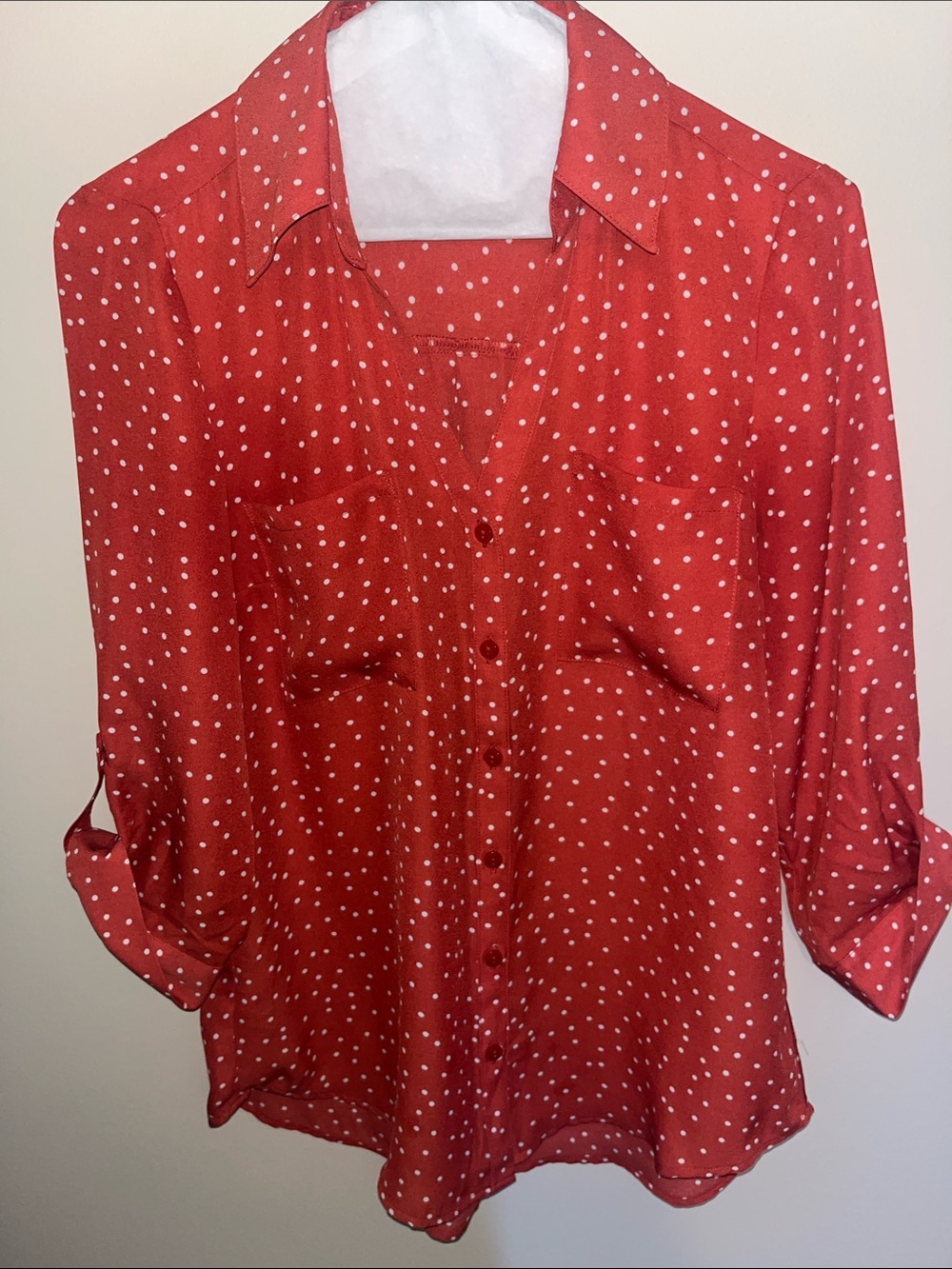 Red Polka Dot Button-Down Blouse with Roll-Tab Sleeves